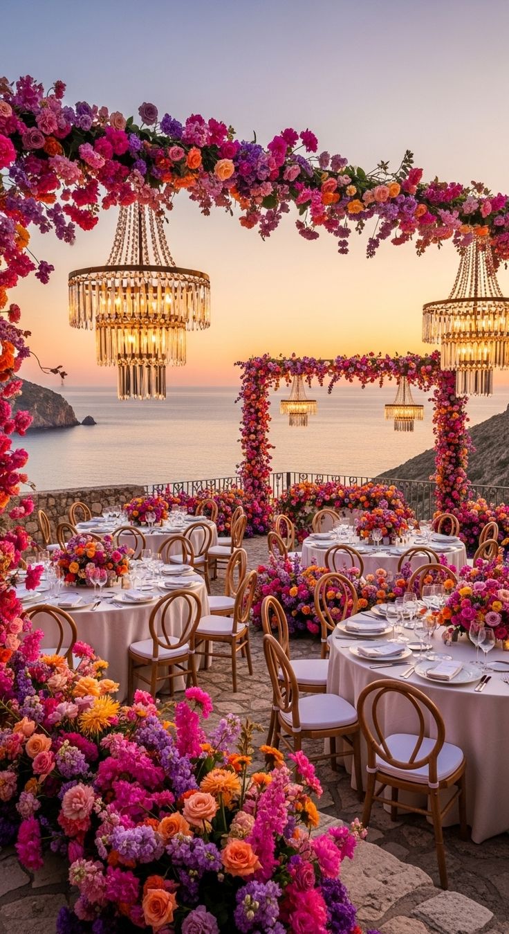 Florist setting up a vibrant floral backdrop for a party